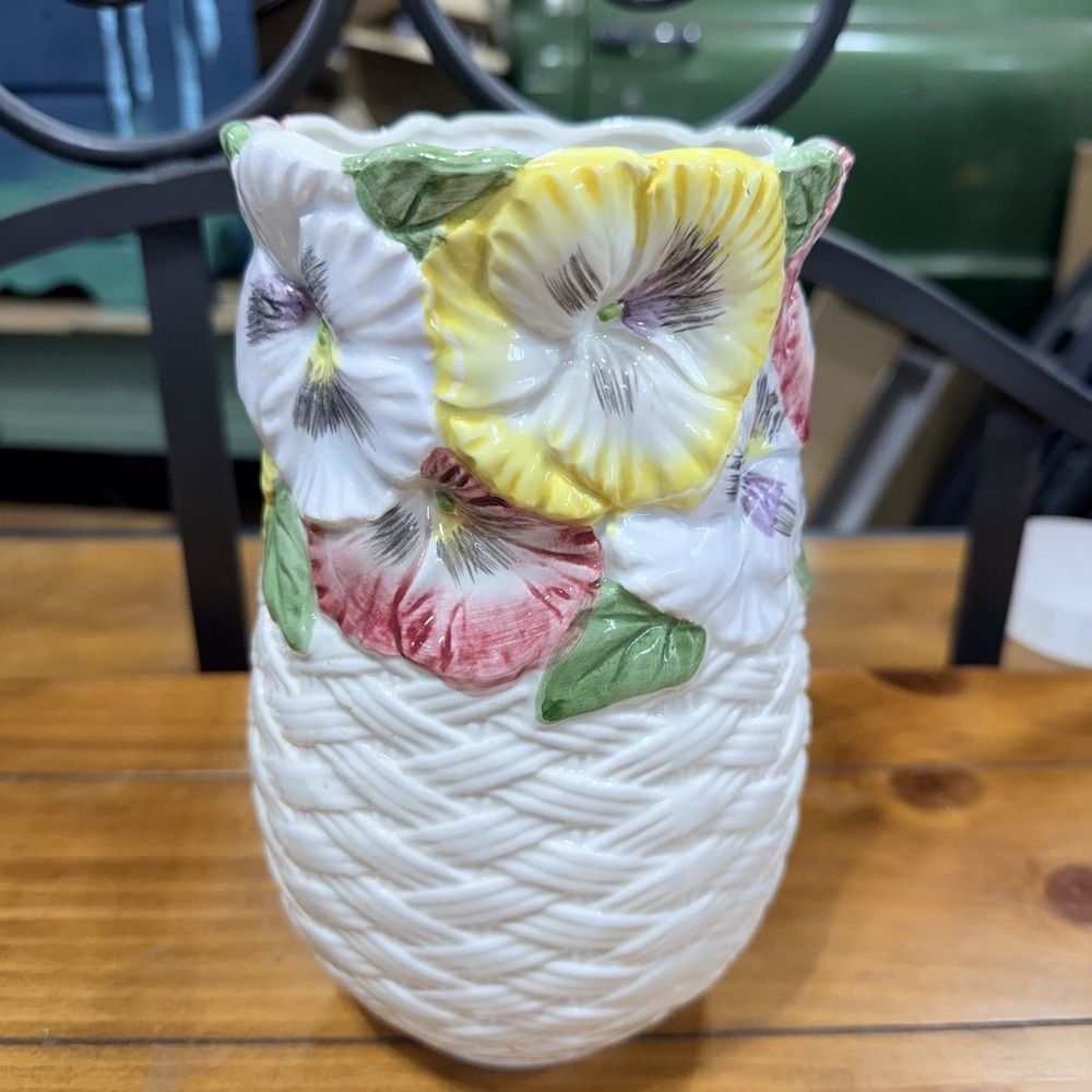 Fitz and Floyd Pansy Parade Vase Basketweave Pattern 1990 Easter Spring Summer